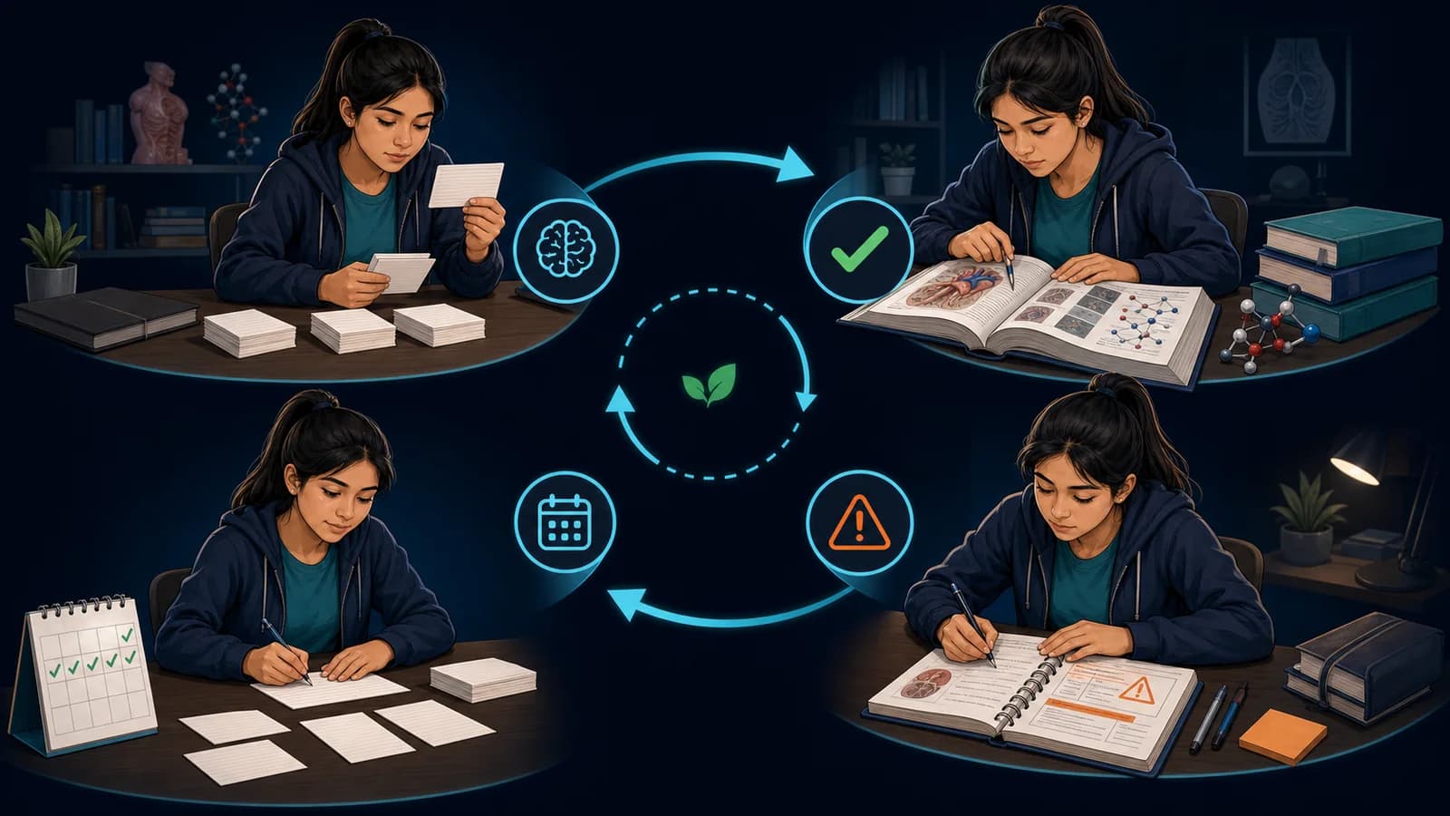 Ciclo de recuperación activa con estudio, recuerdo, corrección, registro de errores y repaso espaciado