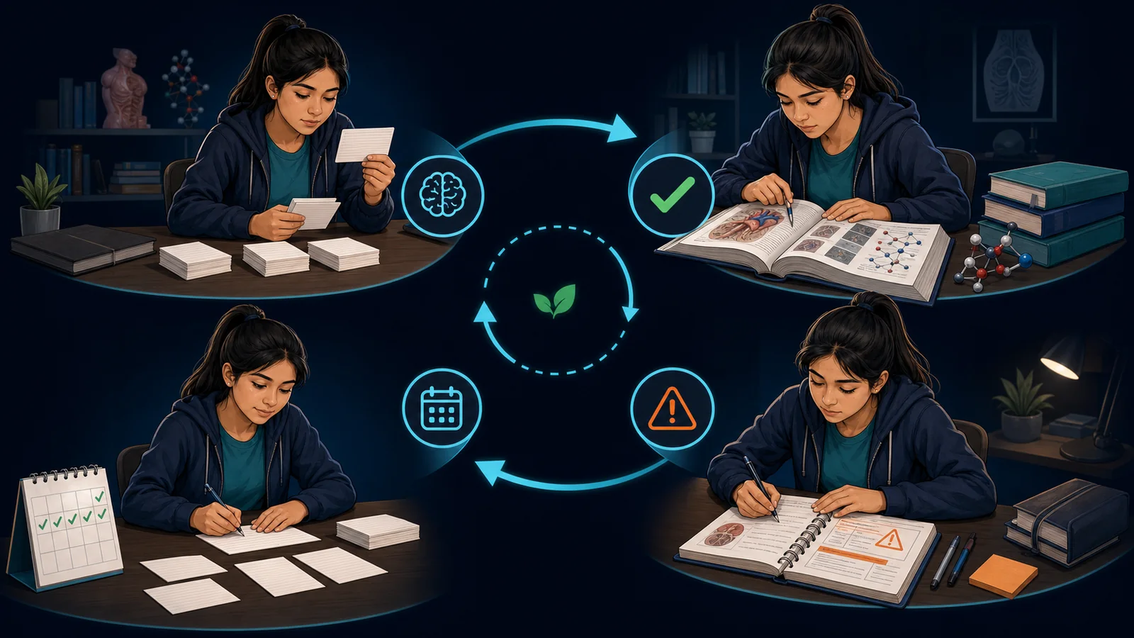 Ciclo de recuperación activa con estudio, recuerdo, corrección, registro de errores y repaso espaciado